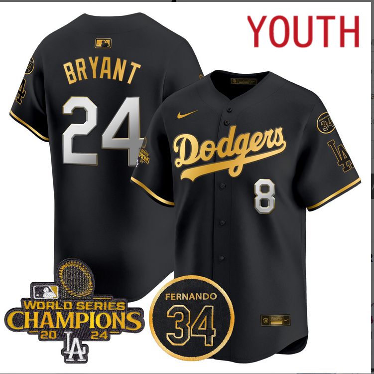 Youth  MLB Los Angeles Dodgers #24 Bryant black 2024 World Series Champions Patch Limited Jersey